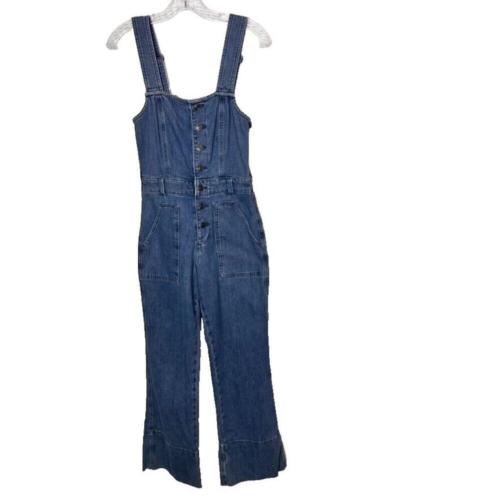 Aerie Overalls Womens XS Blue Button Front Kick Flare Denim Apron Bib